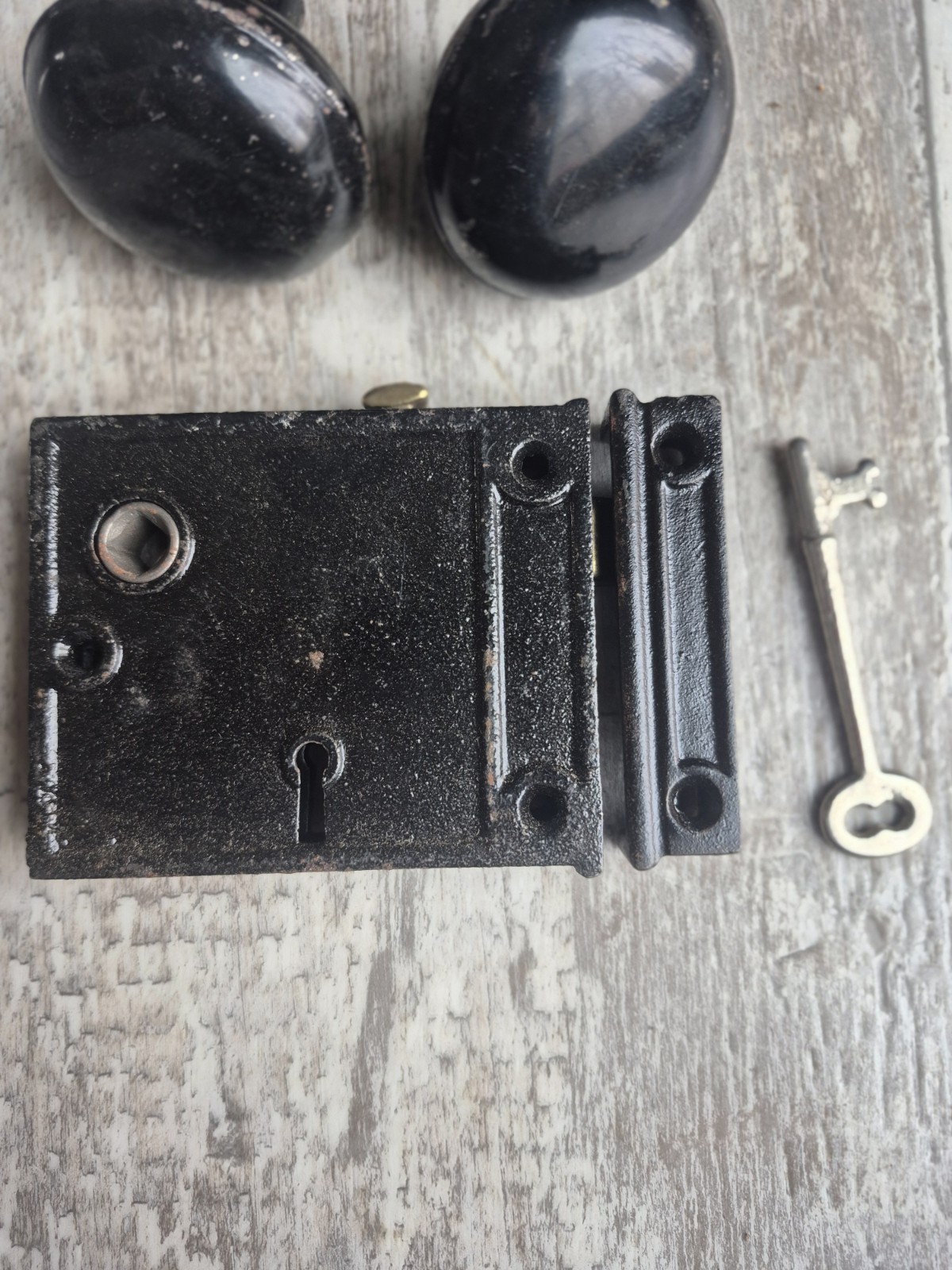 Antique Rim Knob Lock Black knobs Skeleton Key Complete 3 x 3.75 X 5/8 Open Box