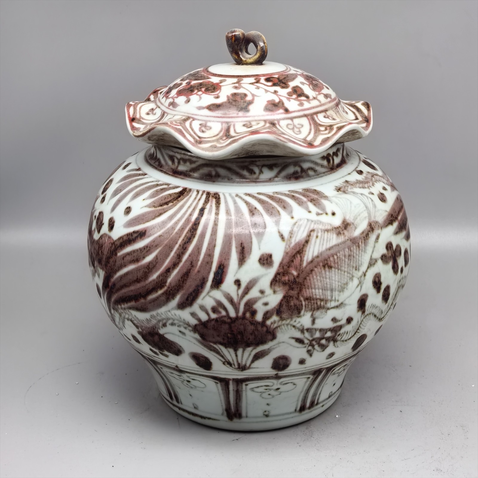 Chinese Yuan Underglaze Red Porcelain Fish Design Lotus Shape Tea Caddy 11.0″