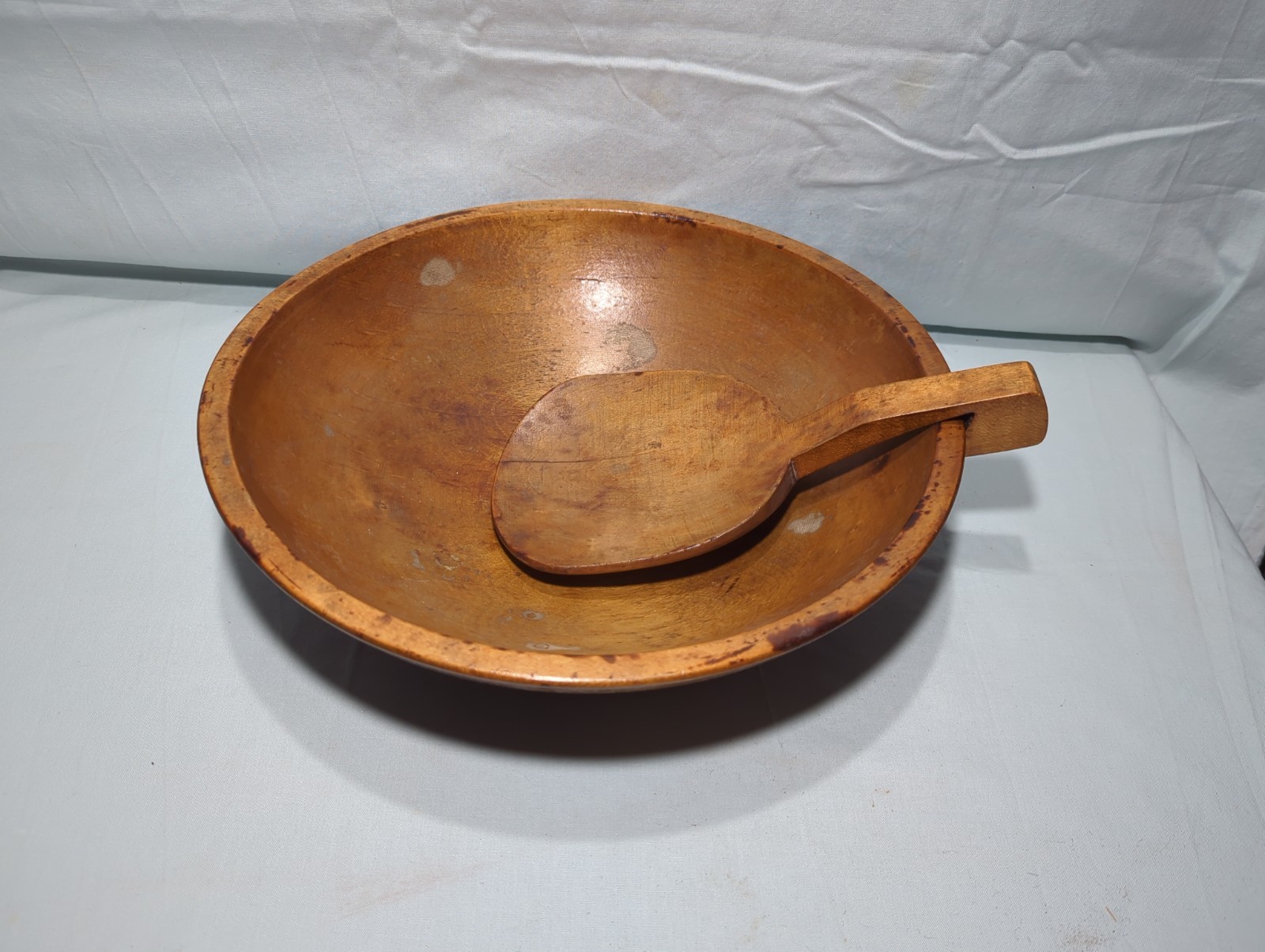Antique Primitive Hand Turned Wooden Butter Dough Bowl W/ Paddle Handmade