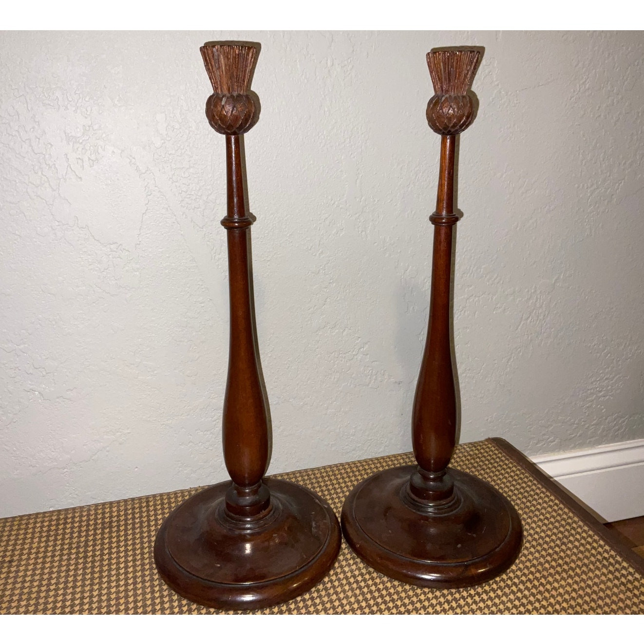 Antique Mahogany Candlesticks w/ Carved Thistle Finial, From England