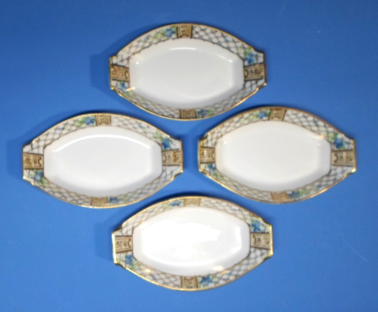 Set of 4 Antique NIPPON NUT / MINT DISHES Hand Painted Art Deco Floral & Trellis