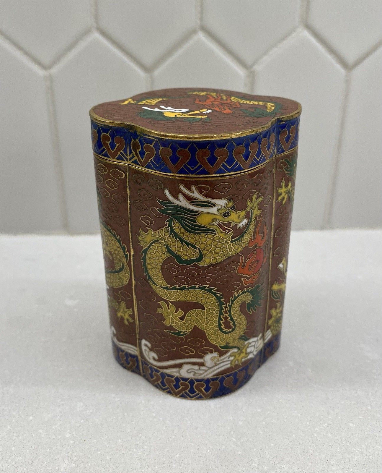 Atq Chinese Dragon Cloisonne Enamel Bronze/Brass Lidded Trinket Tea Box 19th C