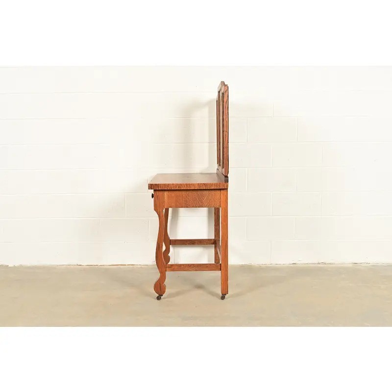 Antique American Empire Tiger Oak Vanity Dressing Table With Mirror, Circa 1900