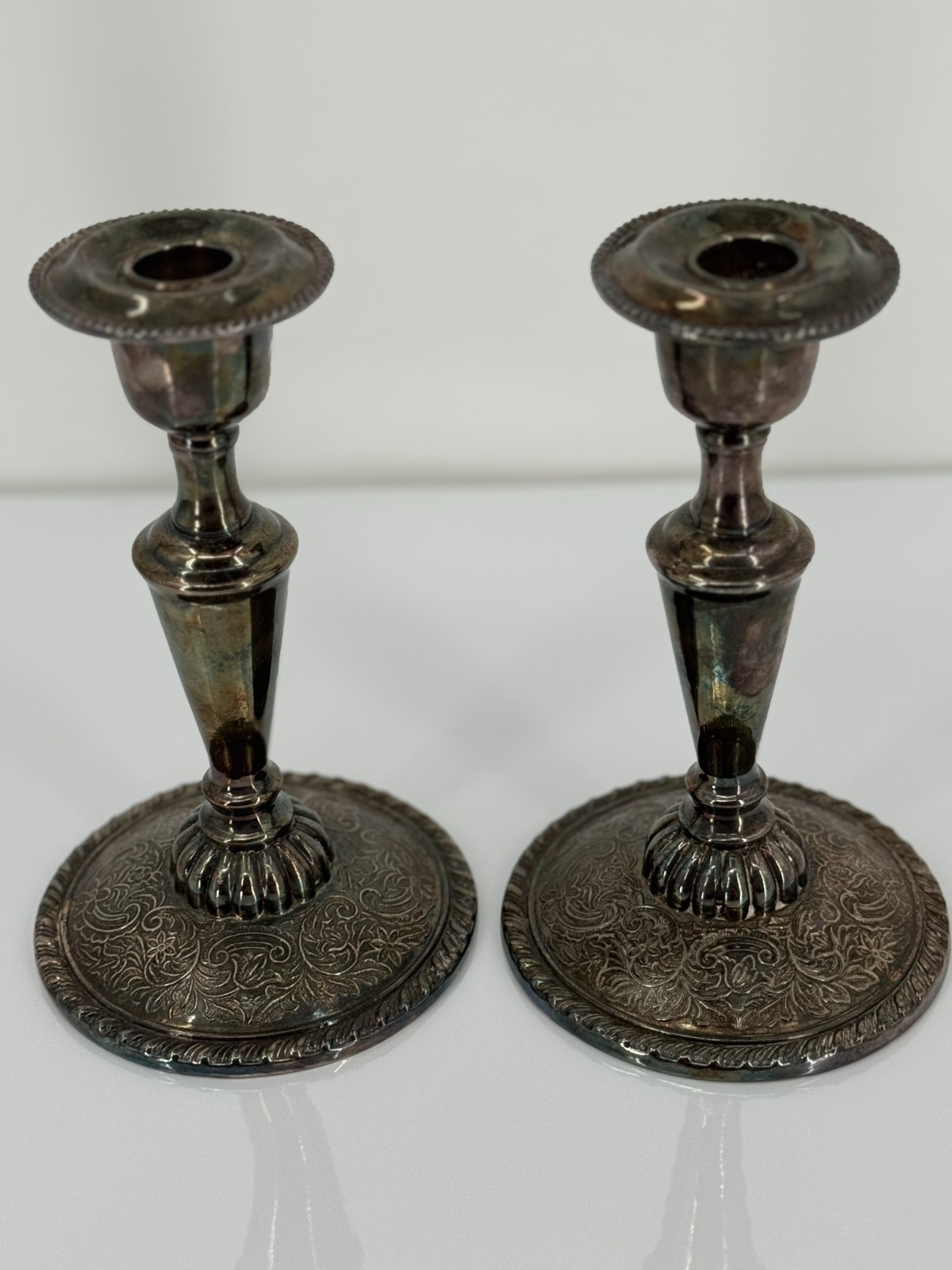 Vintage Rogers Silverplate Candlesticks Pair Made Canada Ornate Floral Base