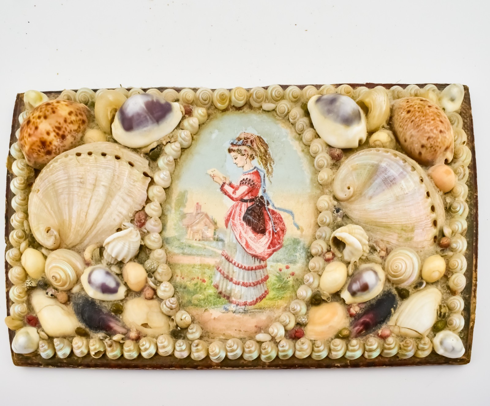 Victorian Era Portrait French Shellwork Sailor’s Valentine Art Woman Blue Dress
