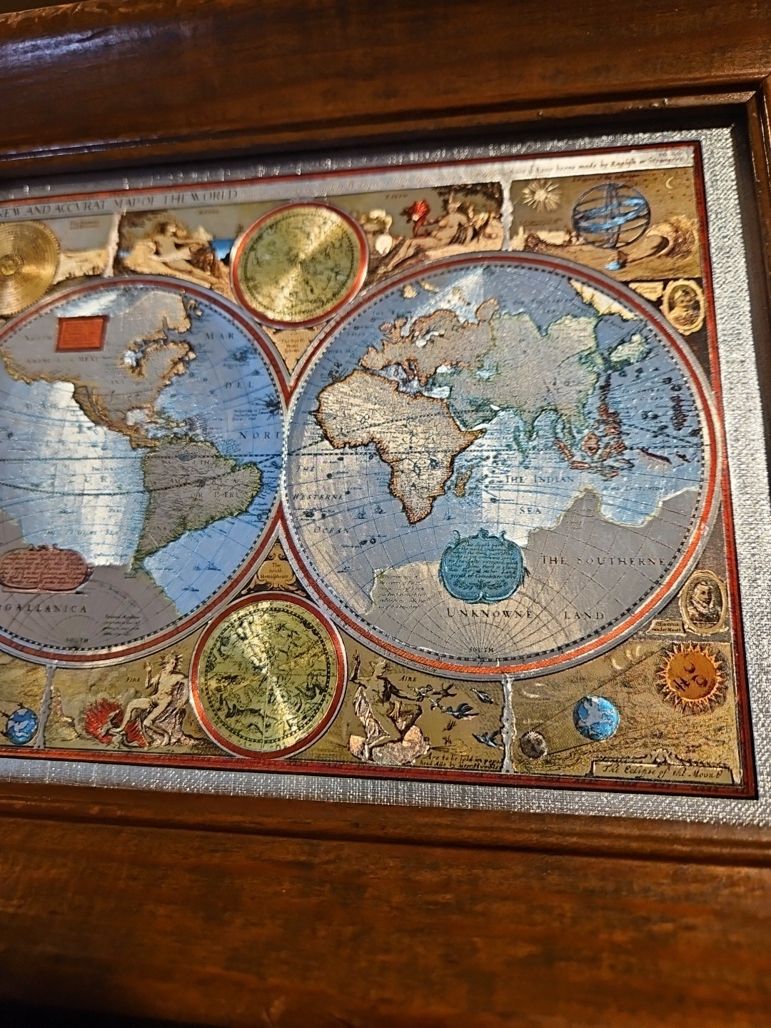 Vtg John Speed 1651 World Map Foiled Reproduction Framed 6×8 in 10×8 Wood Frame