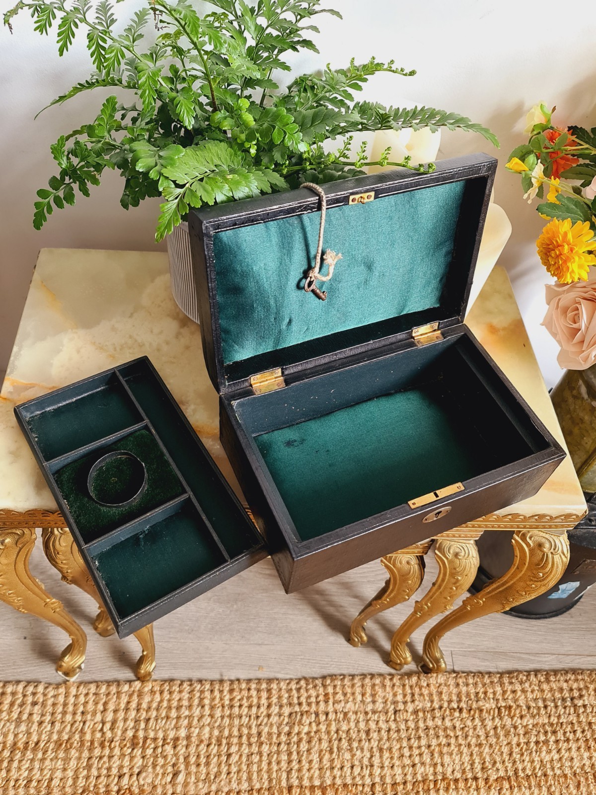 Antique Leather Trim Box Jewellery Trinket Case Victorian Black with Key
