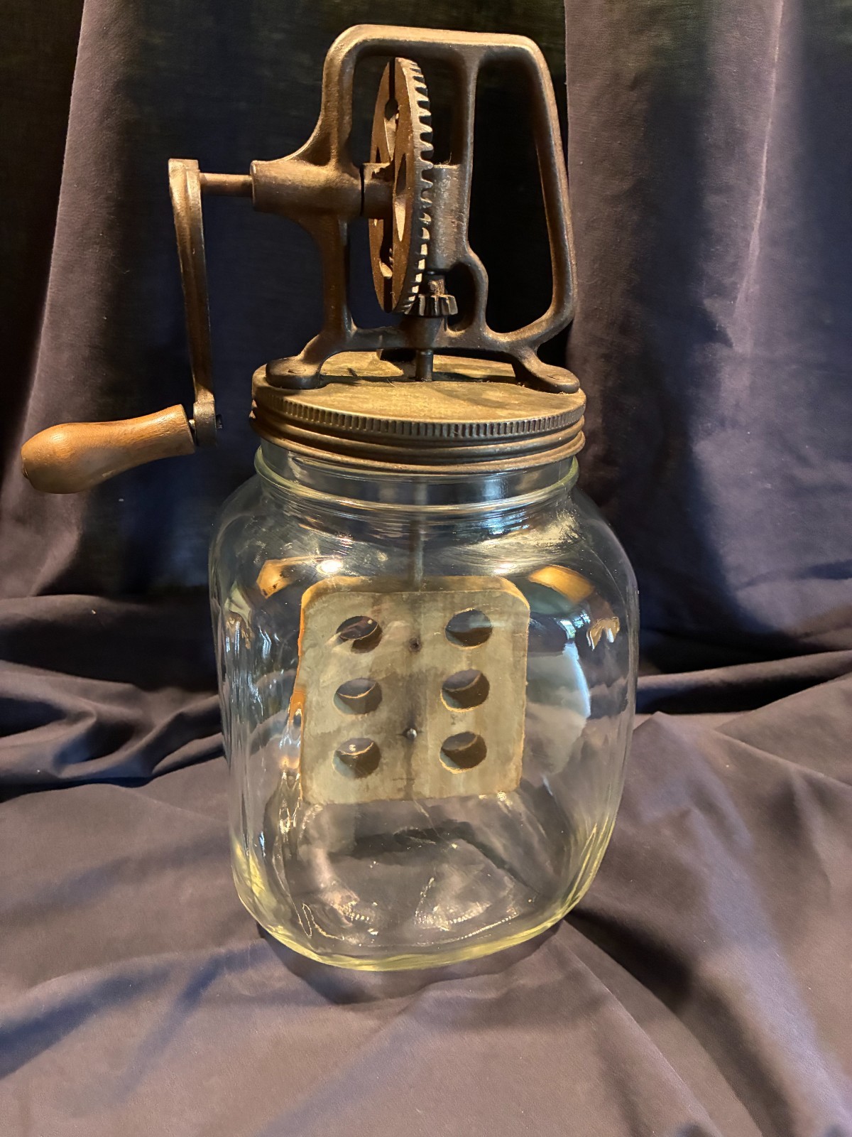 Antique Hand Crank Butter Churn Wood Paddle Primitive Glass Jar Unmarked