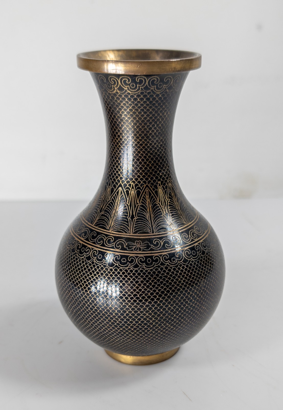 Antique Chinese Gilt Bronze Black Enamel Cloisonne Vase