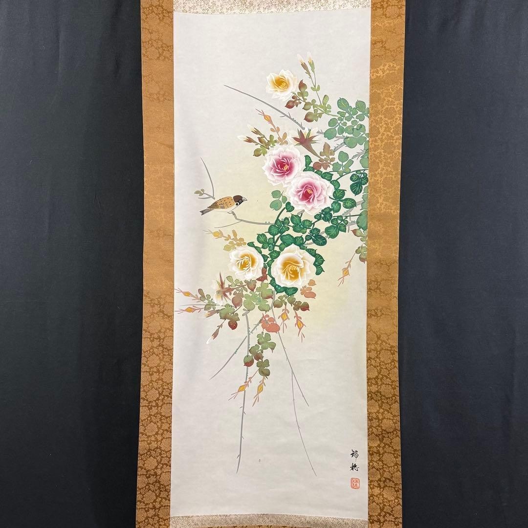 Japanese Hanging Scroll Rose and Bird Painting w/Box Asian Antique 987