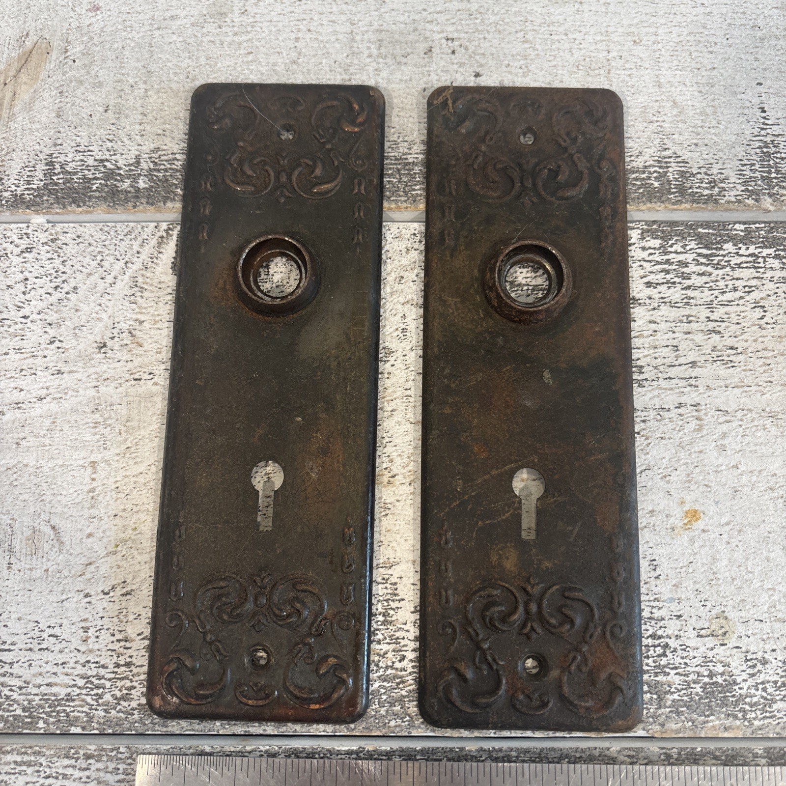 2 Antique Stamped Metal Door Knob Back Plates Plate Set Rustic Vintage 7” X 2.25
