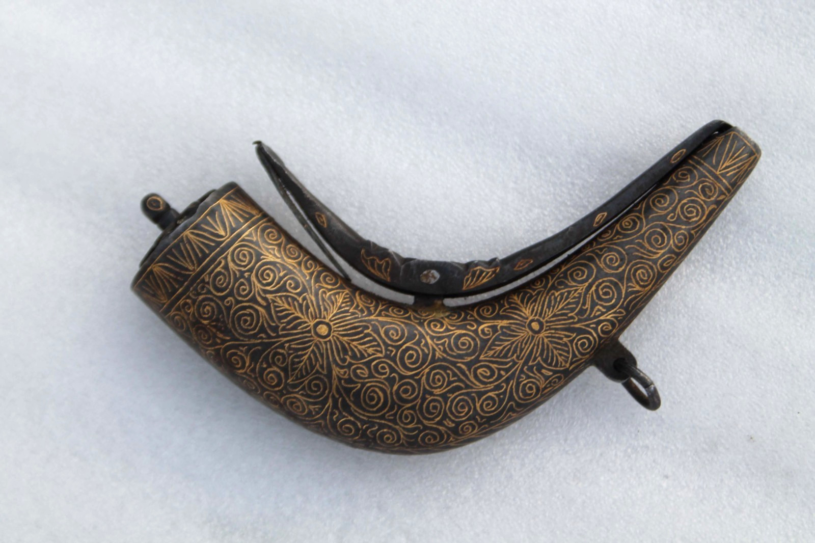 old antique Mughal Gold Damascened Gun Powder Flask, Floral Design