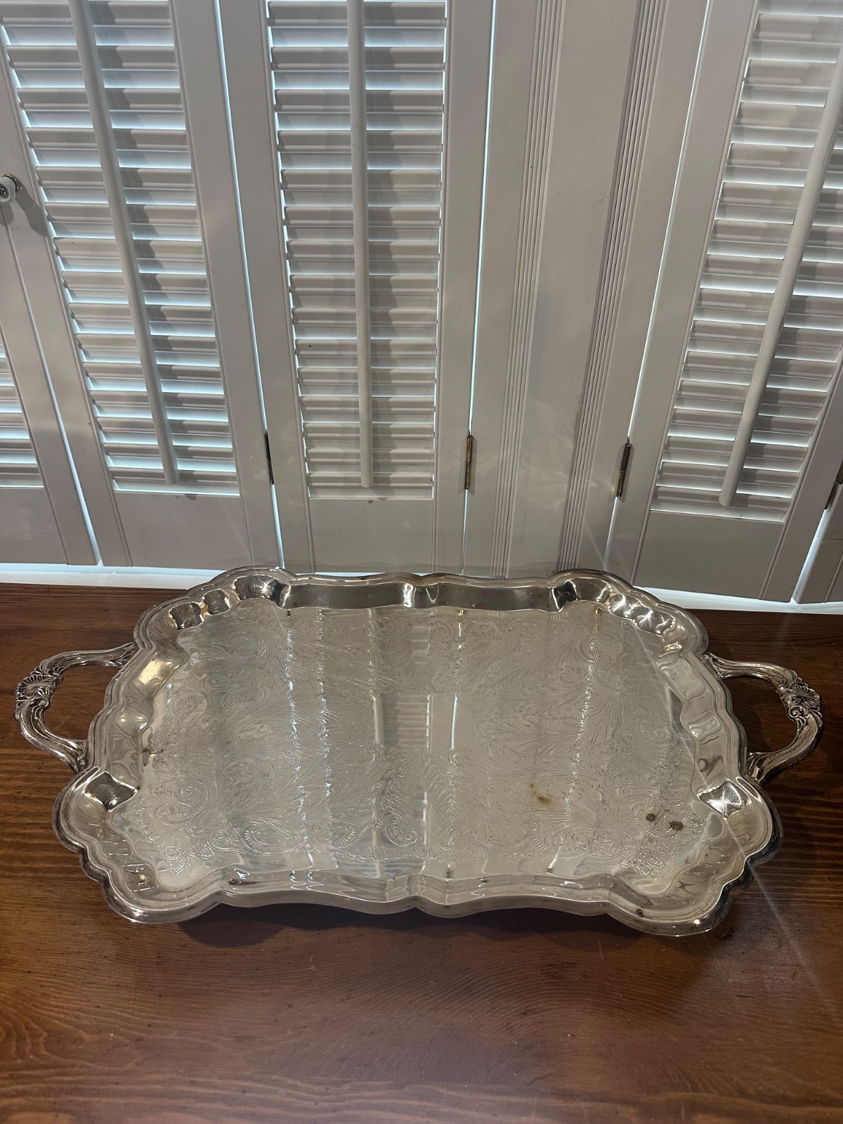 FB Rogers Ornate Silver Plated Large Serving Tray Footed Butler Handles 23×13 IS