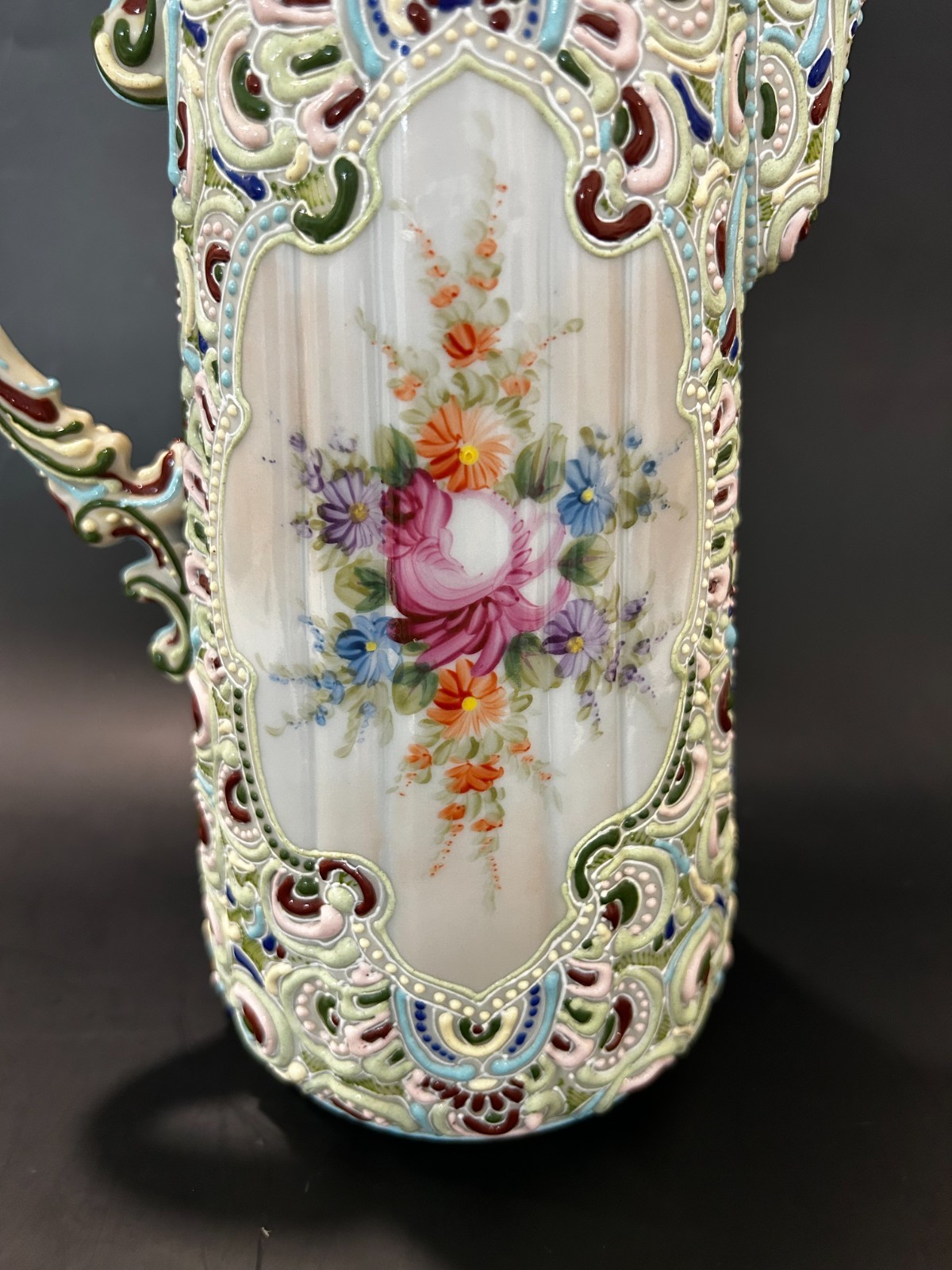 RARE Antique Nippon Jeweled Moriage Chocolate Pot FLUTED RIBBED Hand Painted 10″