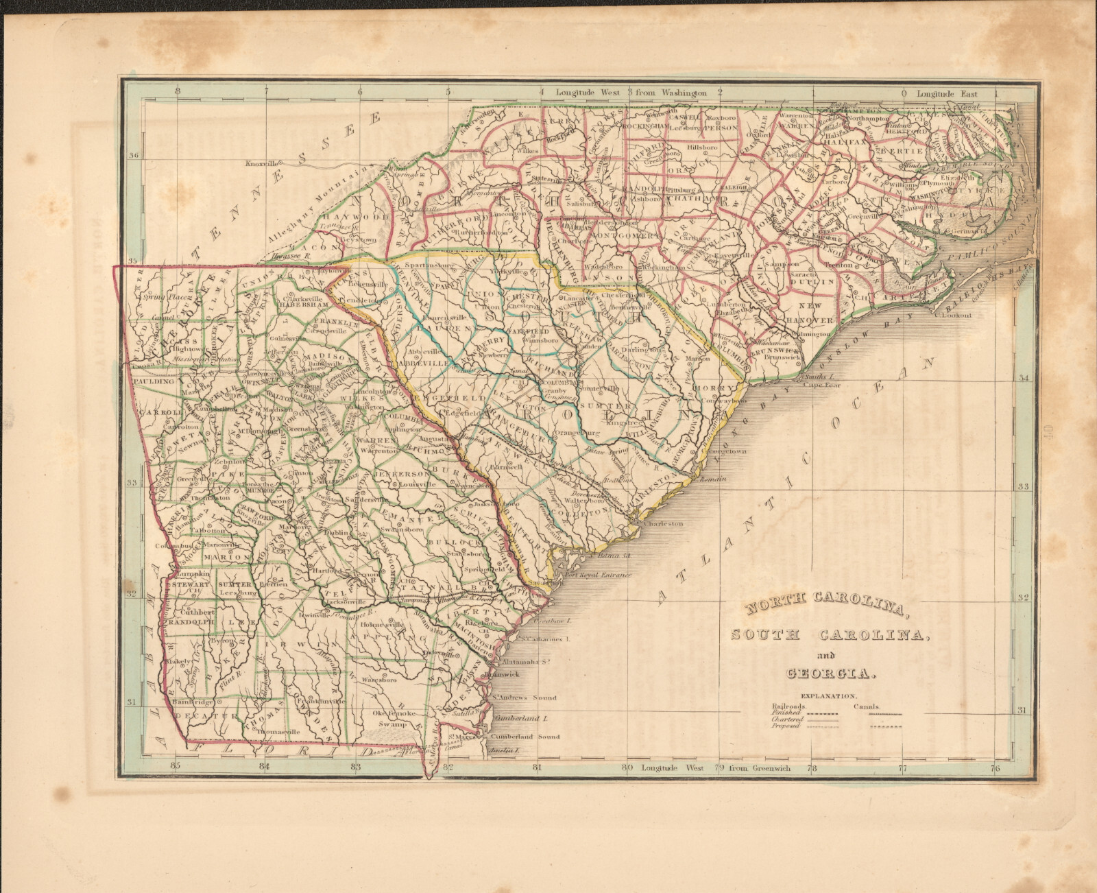 1835 North South Carolina & Georgia T.G. Bradford antique map ~12.2″ x 9.8″