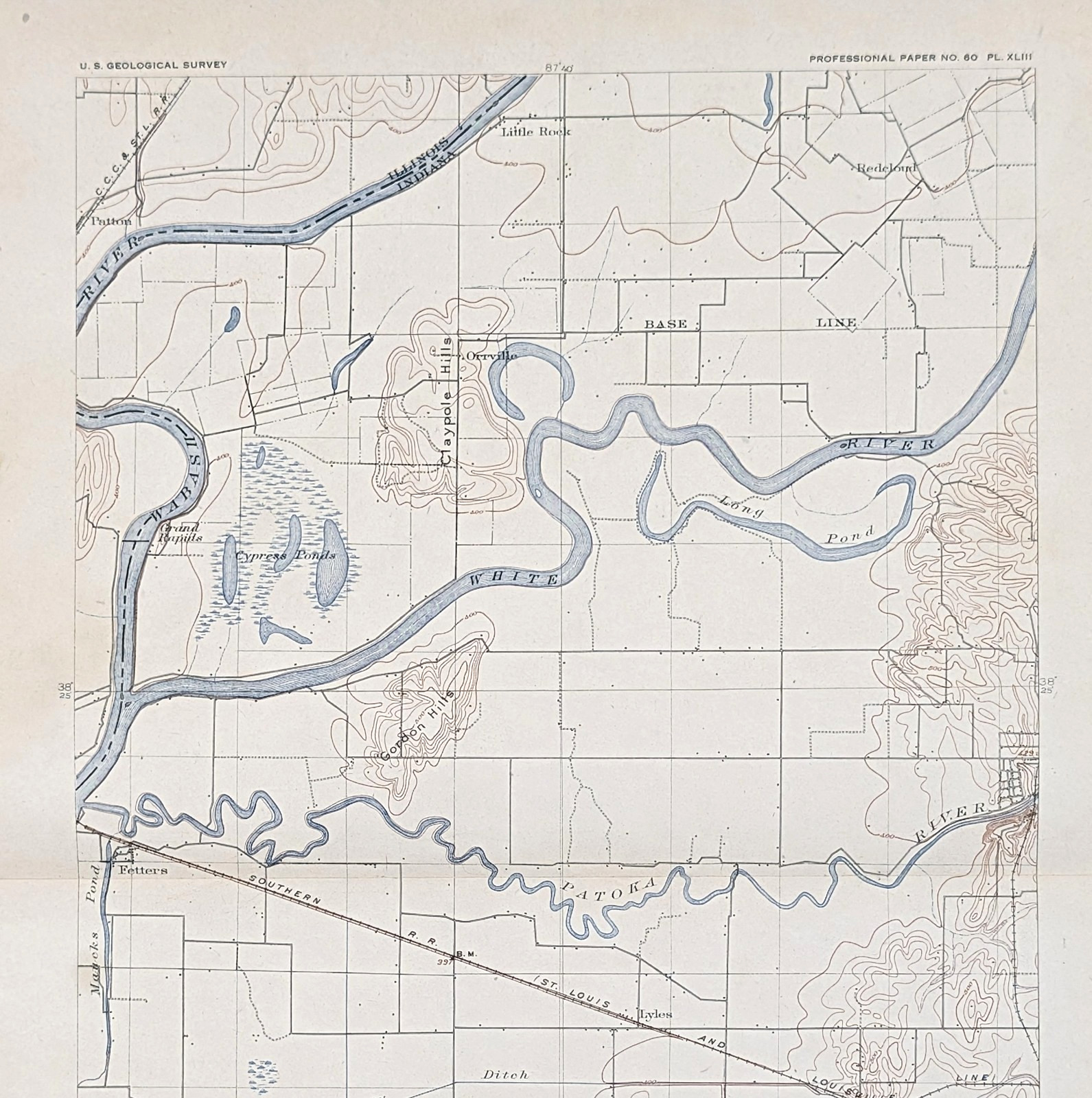1908 INDIANA – WABASH RIVER – PATOKA RIVER Map ORIGINAL Topographical GIBSON CTY