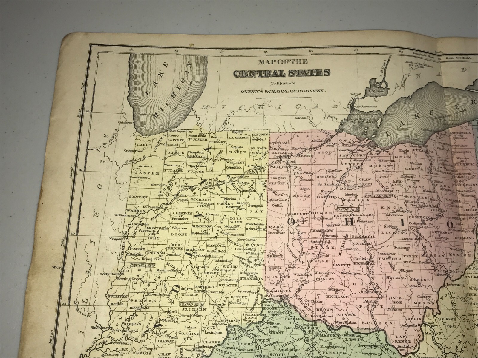 1844 Antique Hand Colored Map Central United States Virginia Ohio Indiana PA DE