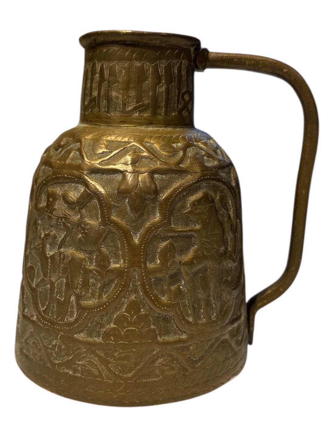 VTG Islamic Damascus Arabic Animals Hunting Hand Hammered Brass Pitcher Vase
