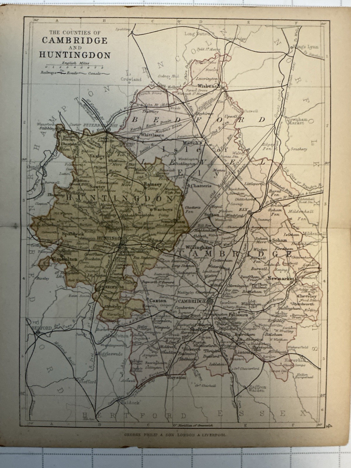 CAMBRIDGE, HUNTINGDON – 1878 Original Antique County Map England Philip