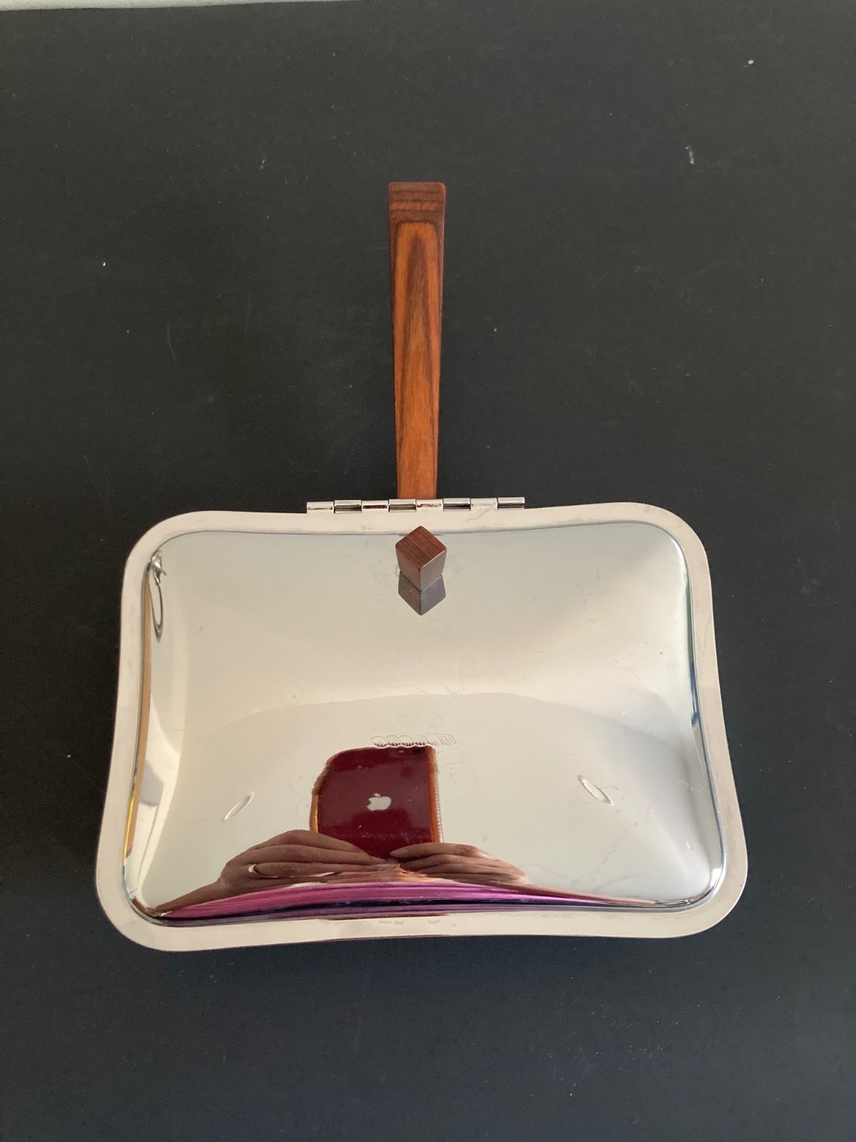 Vintage Ironware Warming Serving Pan Dish with Hinged Lid Wood Handle