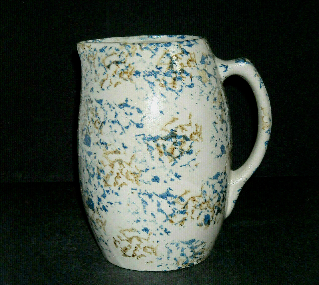 Ovoid Blue Tan & White Spongeware Stoneware Pitcher