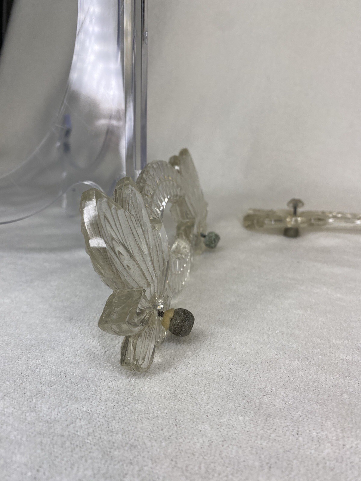 VINTAGE ART DECO Pressed GLASS Drawer Pulls VANITY TRAY HANDLES W KNOB SCREWS