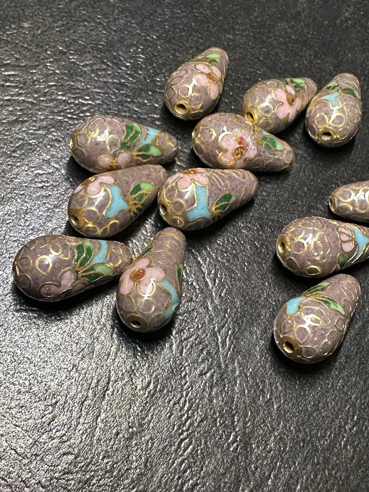 ONE Vintage Chinese Enamel Cloisonne Purple Bead Flowers Teardrop 17mm X 9mm
