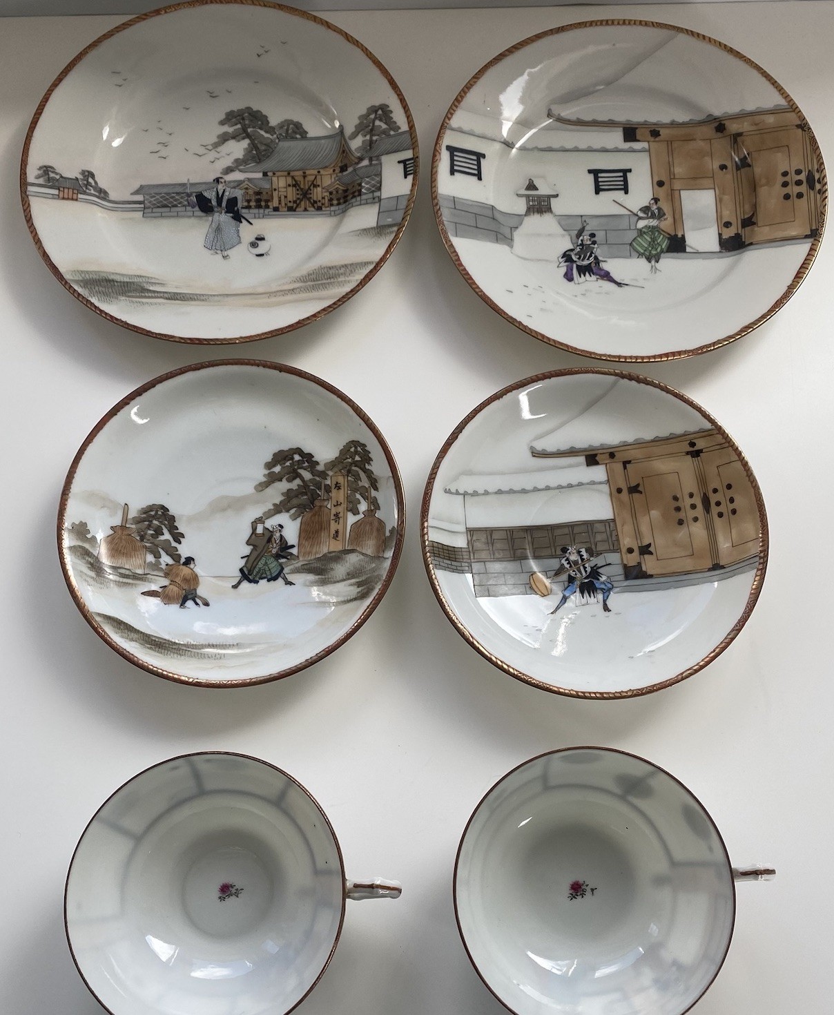 Yokohama ware 2x Cup,saucer & Side Plate Bone china, Chushingura Or 47 Ronin Set