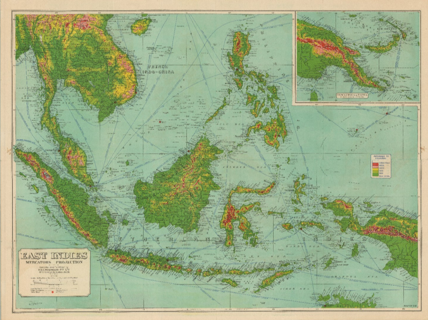 c. 1930 H.E.C. Robinson Large Map of the East Indies (Indonesia, Philippines)