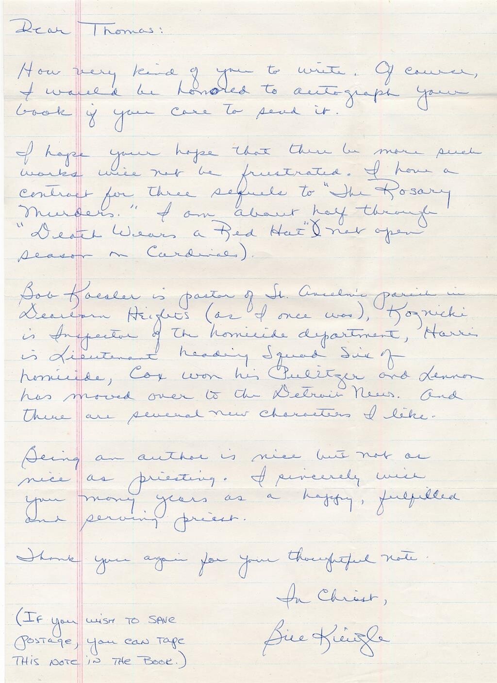 Bill Kienzle- Handwritten Signed Letter