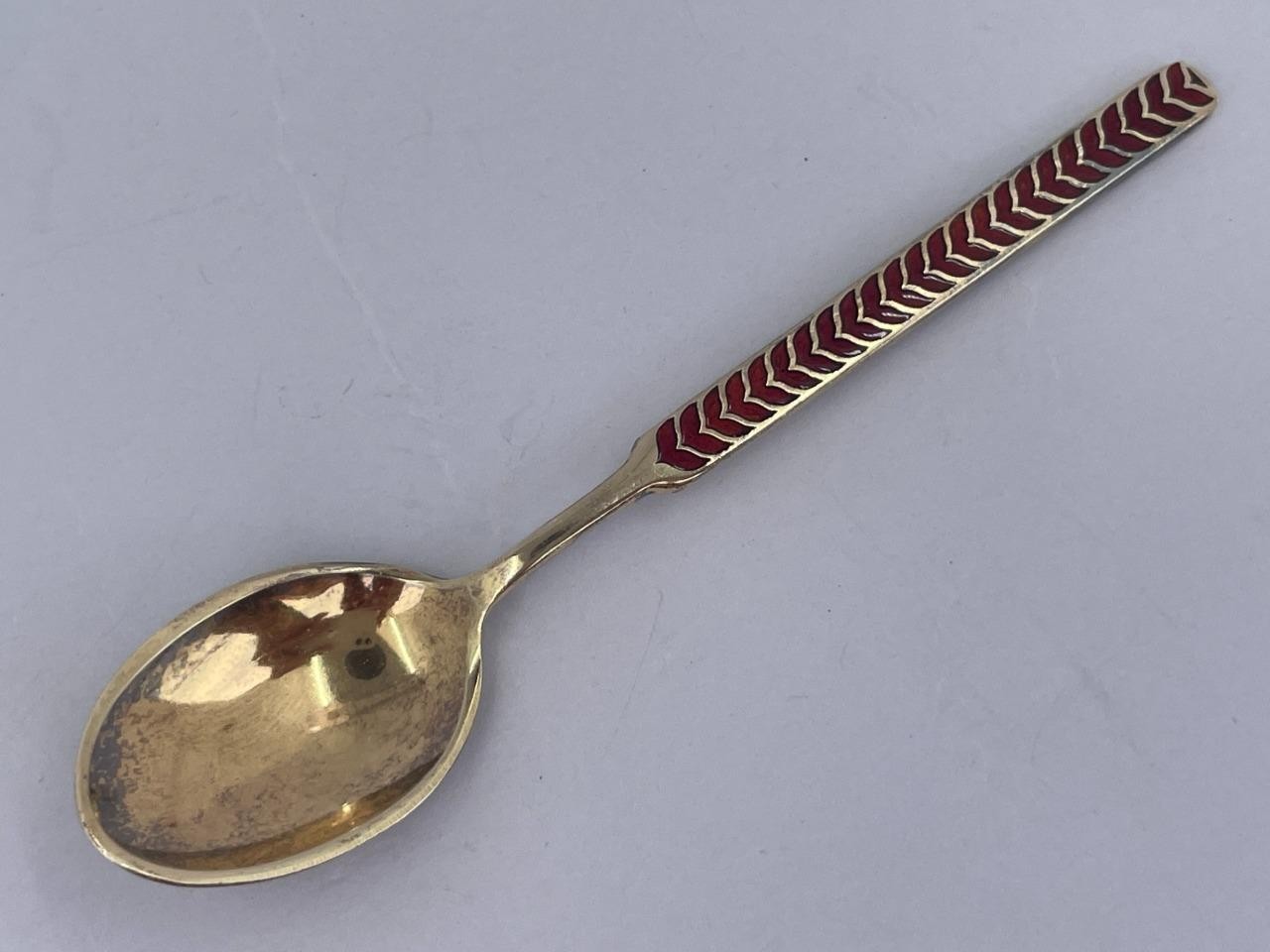 MEKA Sterling Silver & RED Guilloche Spoon, Denmark, Gold Wash, 3.75″