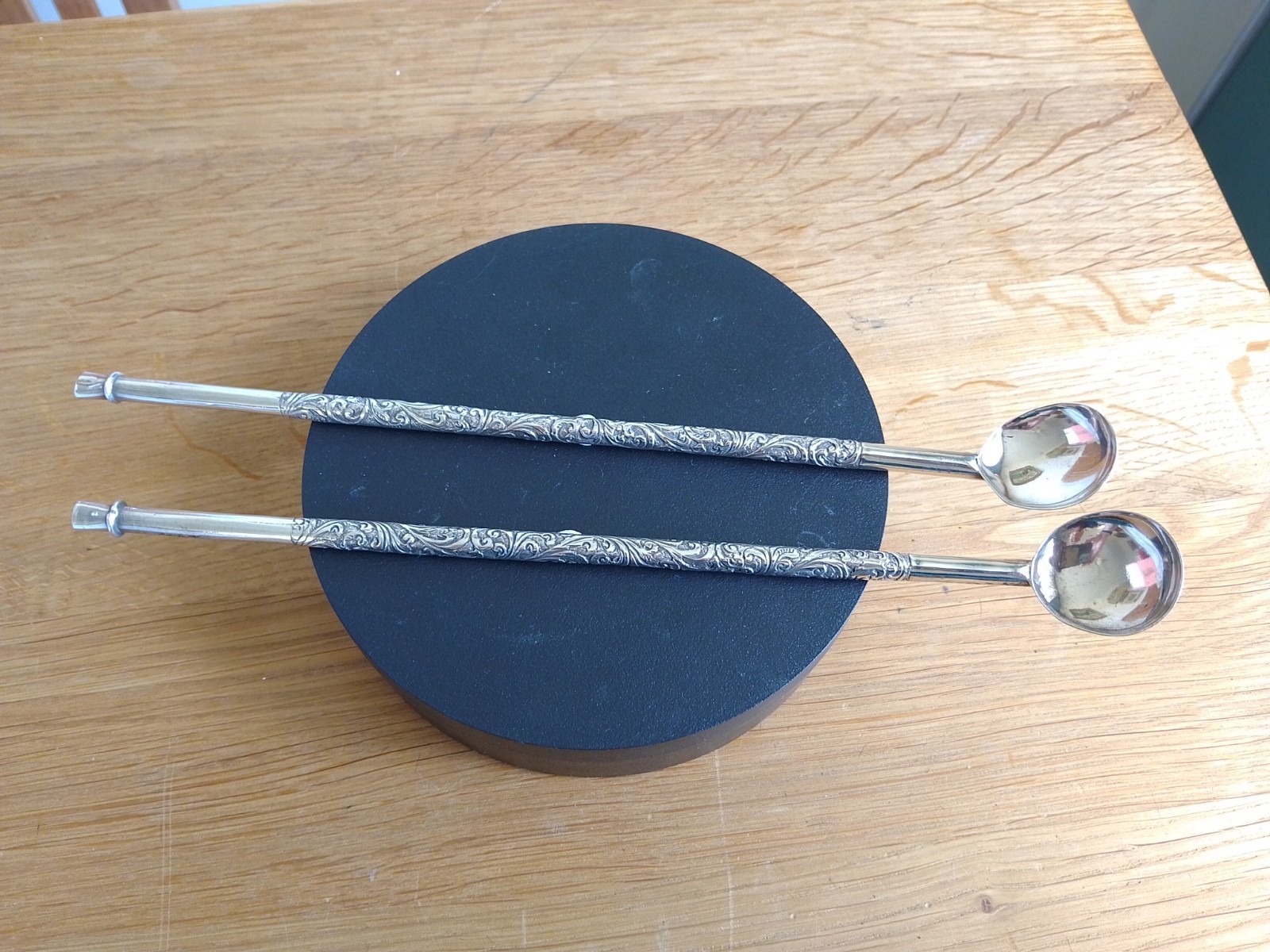 Antique Pair Chinese Silver Deco Cocktail / Iced Tea Spoon Sipper Straws 9.5″