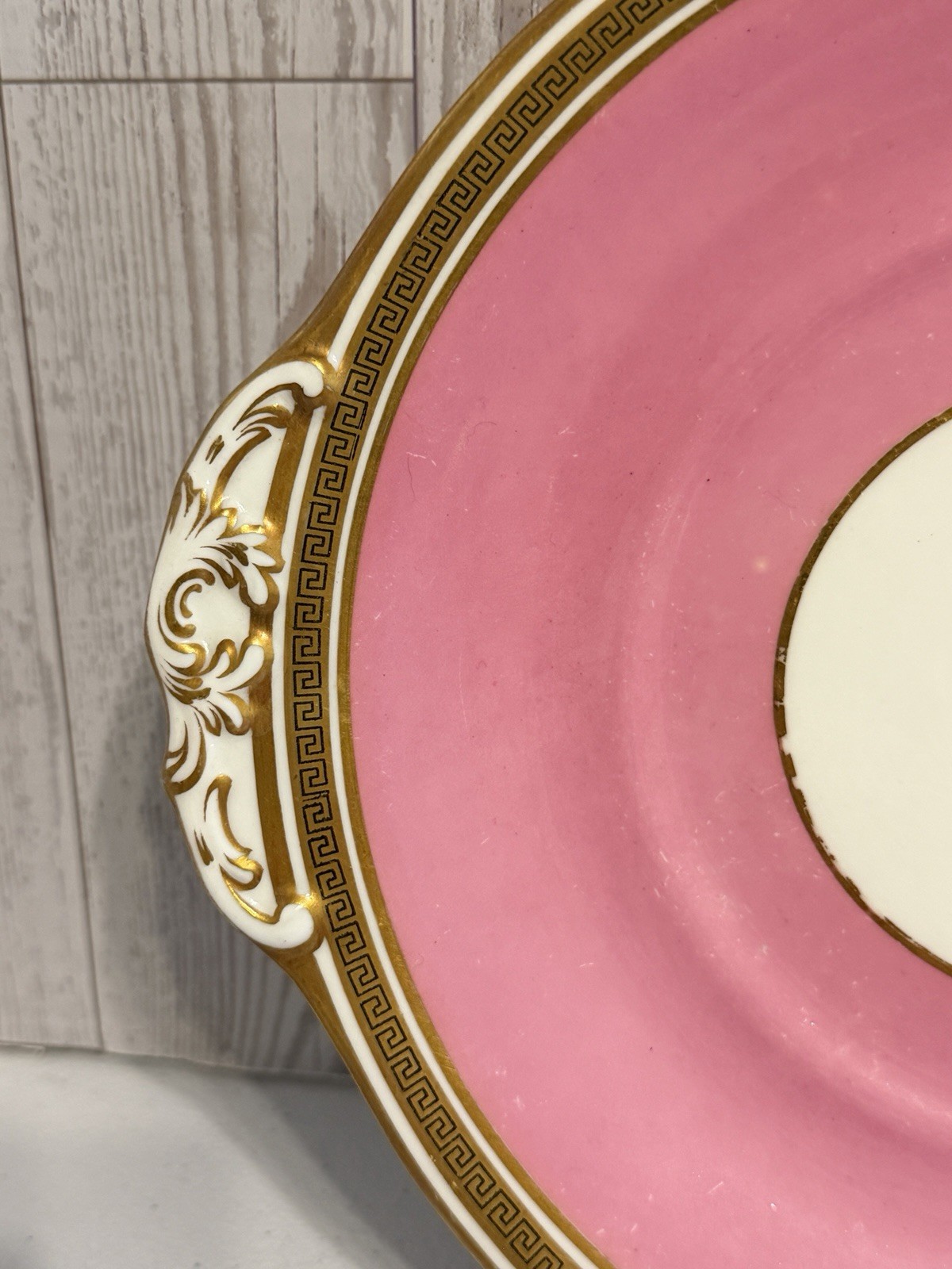 ANTIQUE ROYAL CAULDON PINK SET OF 2 PORCELAIN SERVING PLATTERS GOLD GREEK KEY
