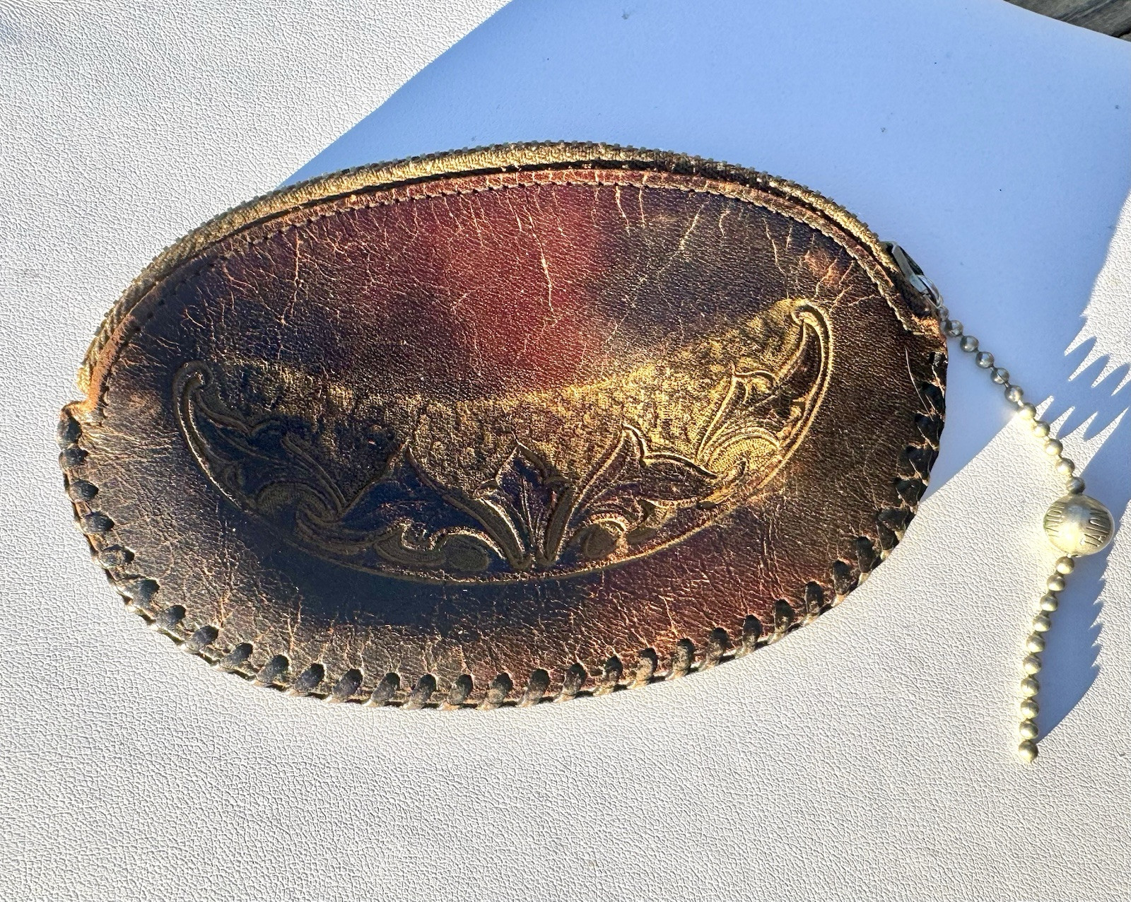 Laced Leather Tooled Coin Purse Pouch Talon Ball Chain Zipper Vintage Justin 4”