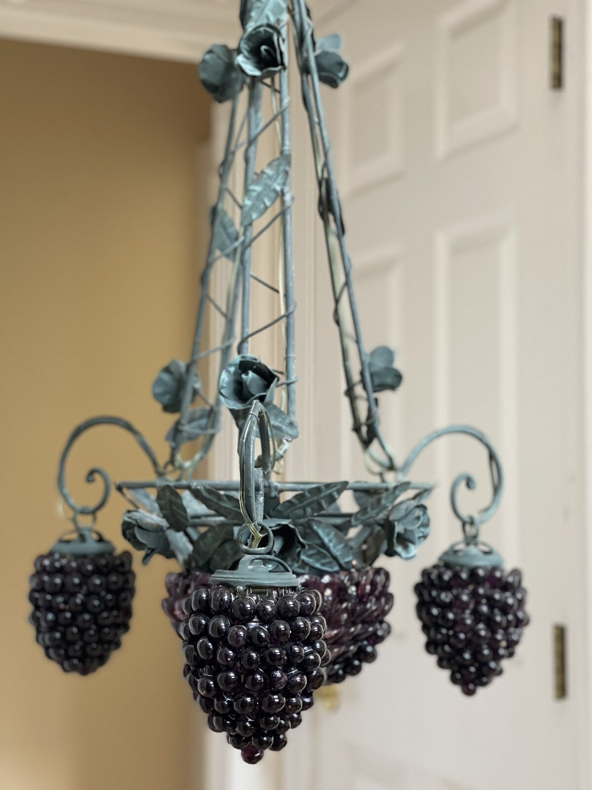 MURANO Amethyst Fruit Grape Cluster Chandelier Wrought Iron Venetian Art Nouveau