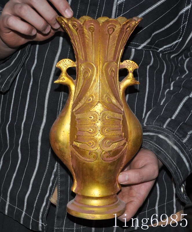 11.2″China dynasty Bronze ware gilt Peacock Zun Cup Bottle Pot Vase