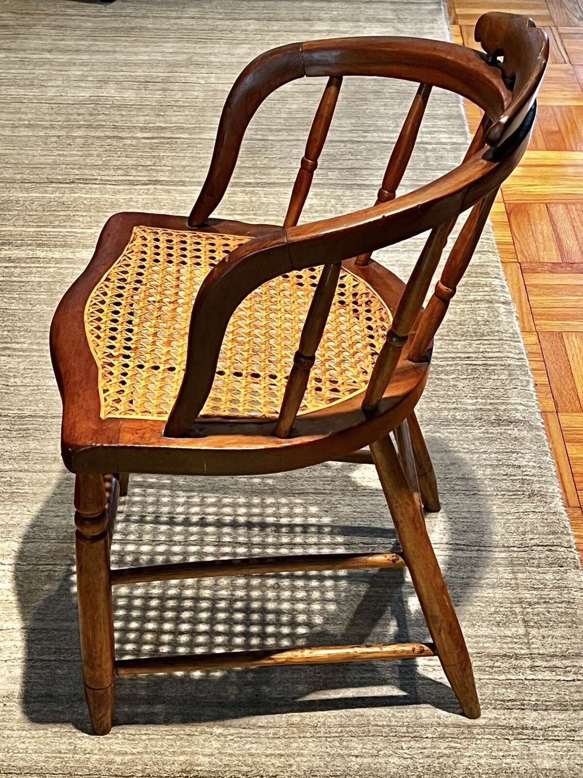 Antique Primitive Bow Back Spindle Back Cane Seat Windsor Accent Chair