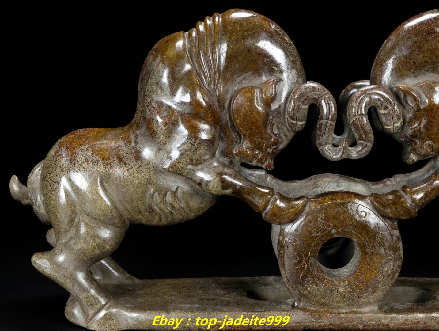 12.9″Old Han Dynasty Natural Hetian Jade Carved 2 Cattle Beast Animal Statue