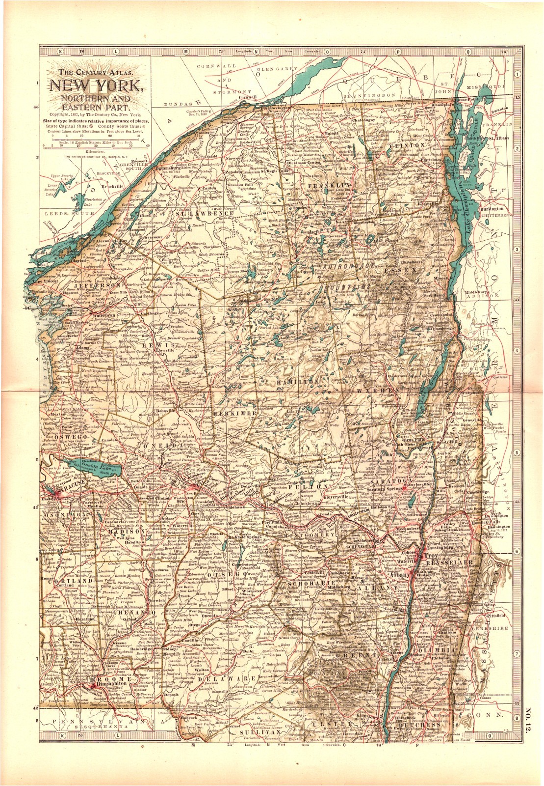 New York North East Map 1897 Century Atlas Railroads Elevation Albany