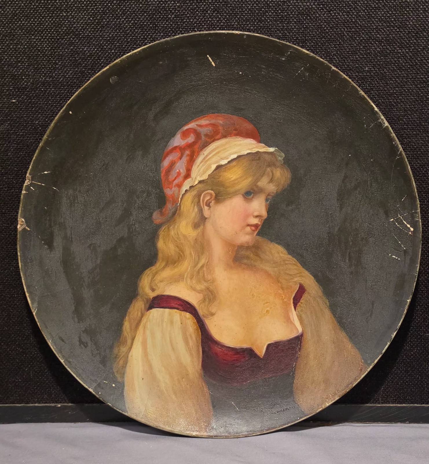 Antique Large 16″ RISQUE MAIDEN LADY Portrait Wall Hanging Charger Hand Painted