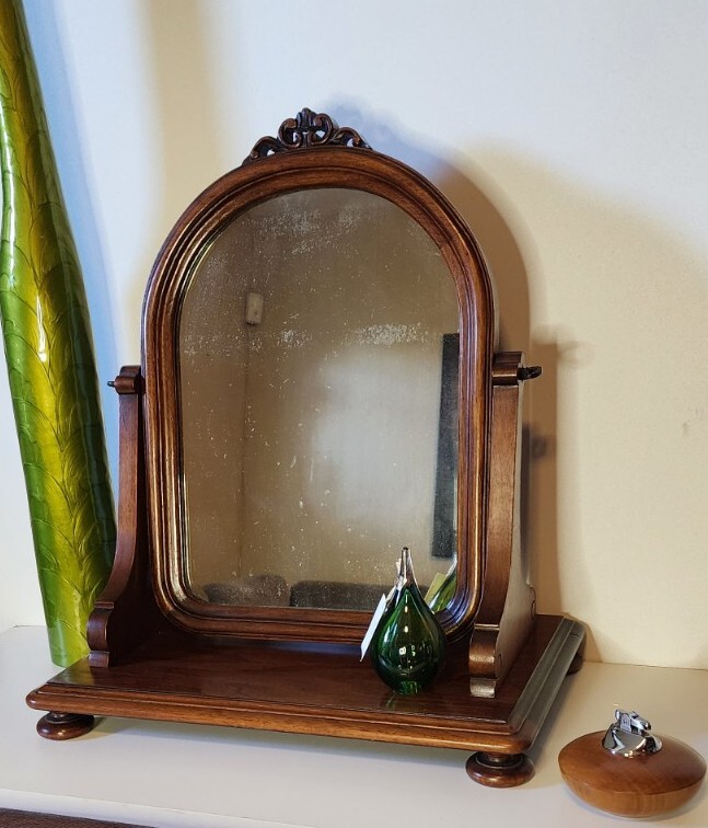 Vintage MCM Cherry Wood Tabletop Vanity Dressing Shave Mirror