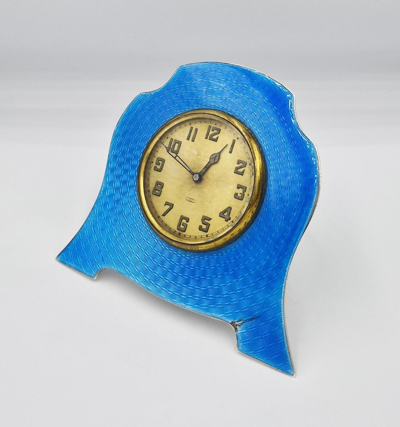 ART DECO STERLING SILVER & GUILLOCHE ENAMEL BEDSIDE CLOCK Birmingham 1926
