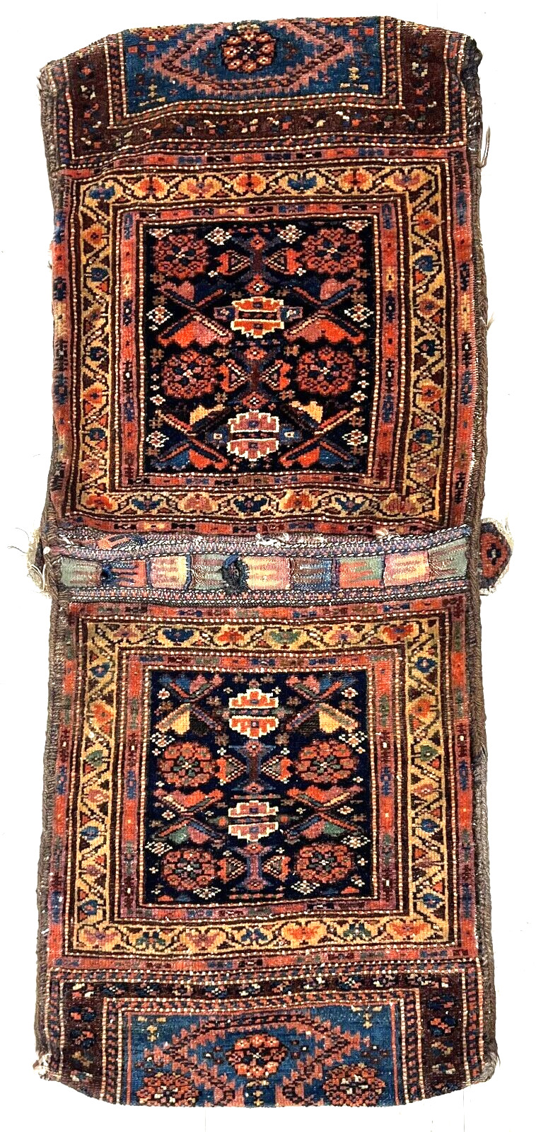 Antique Hand Knotted Tribal Farahan Wool Saddle Bag Rug Double Bagface 2×4 1900s