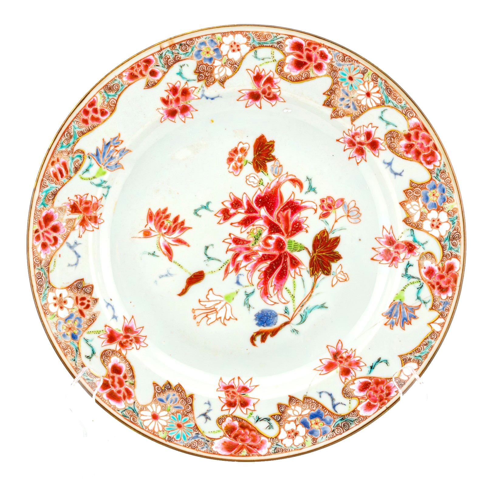 Chinese Lotus Yongzheng Porcelain Plate Famille Rose Gilt Qing Period 18C