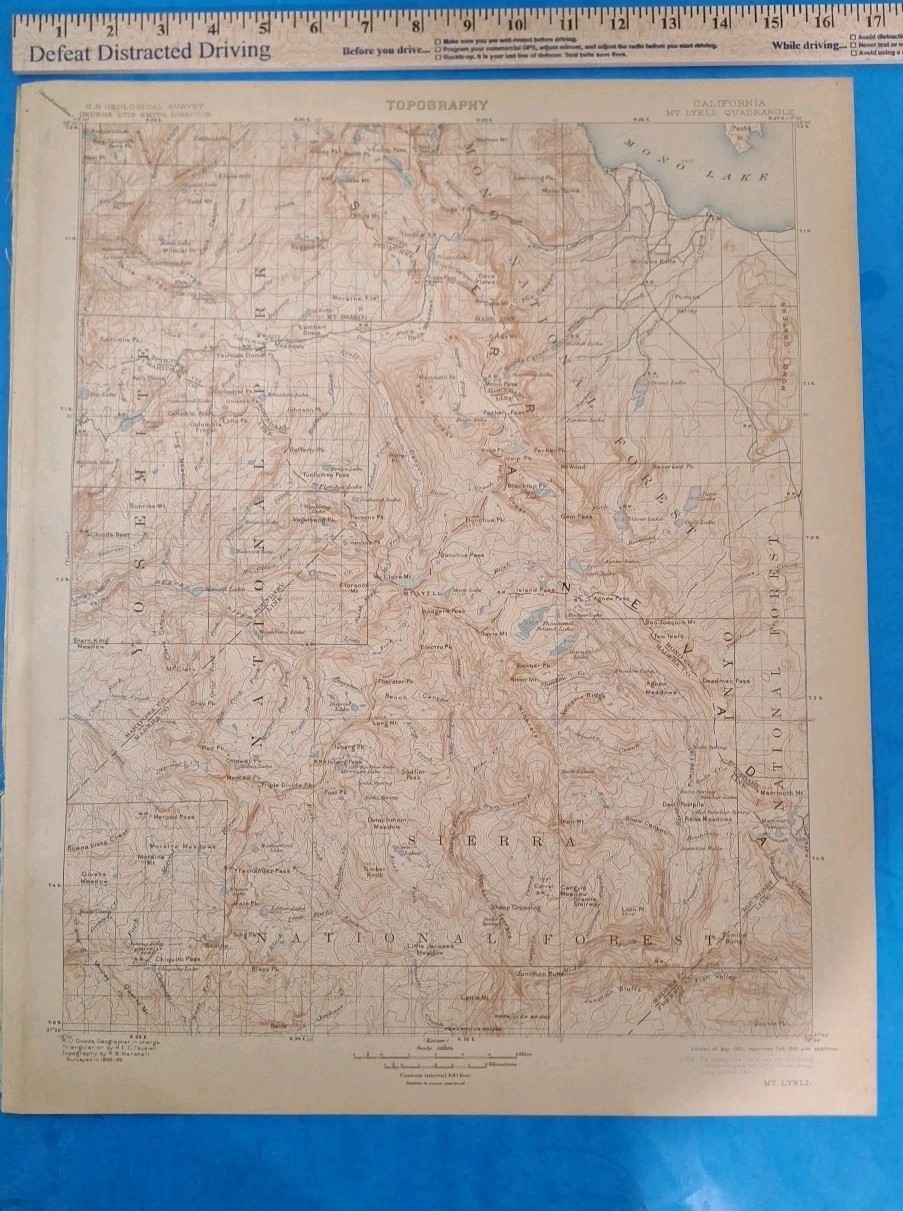 California Topographical Map Original Lyell 1904 Ed 1901 Reprint 1910 USGS