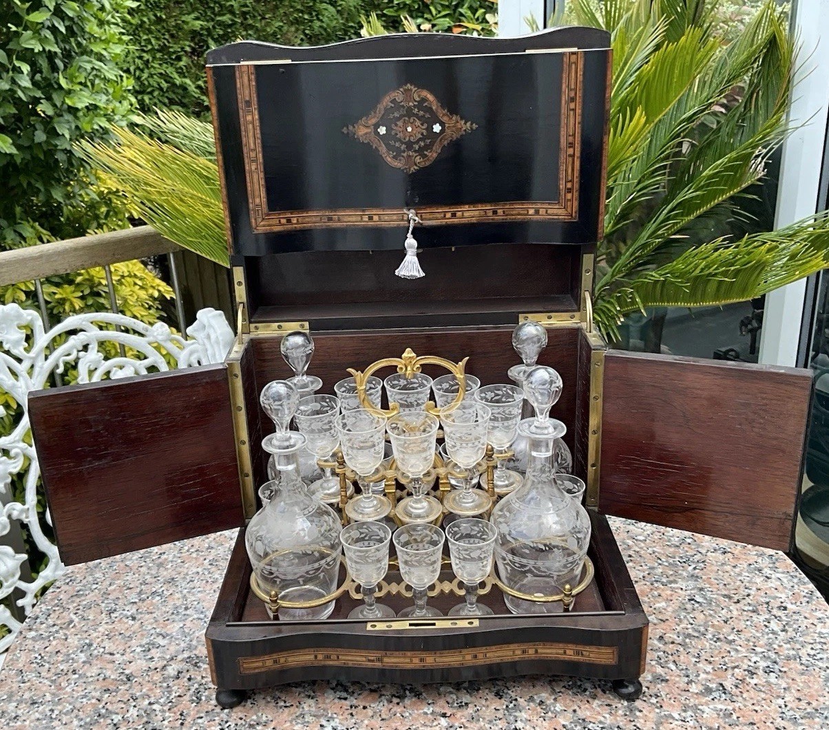 👀Antique C1855 Napoleon III Marquetry DECANTER BOX Cave A Liquor 20 Piece Key