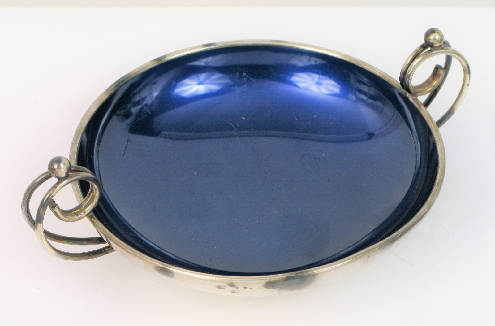 VTG BEAUTIFUL E DRAGSTED DENMARK SILVERPLATE ON BRASS BLUE ENAMEL ART DECO BOWL