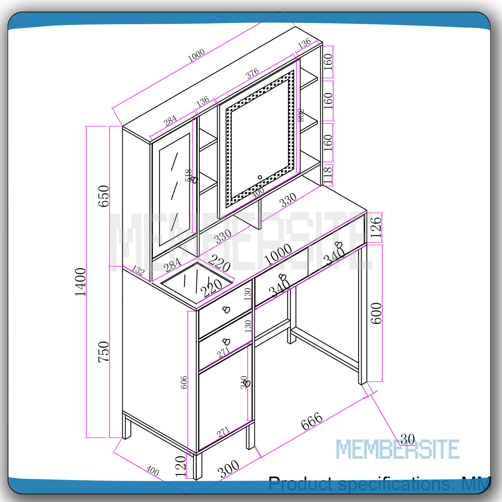Large Vanity Table with Smart LED Mirror & Cabinet Makeup Vanity Dressing Desk