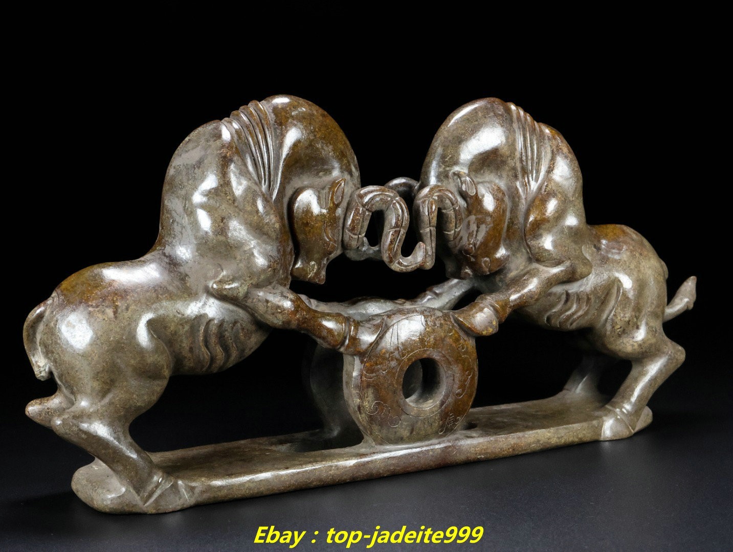 12.9″Old Han Dynasty Natural Hetian Jade Carved 2 Cattle Beast Animal Statue