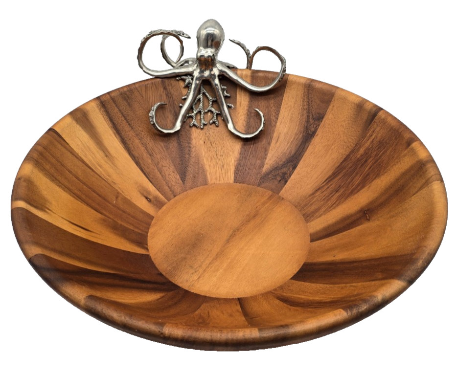 RARE Vagabond House Large Wood Bowl w/ Ornate octopus 16″ diameter BEAUTIFUL